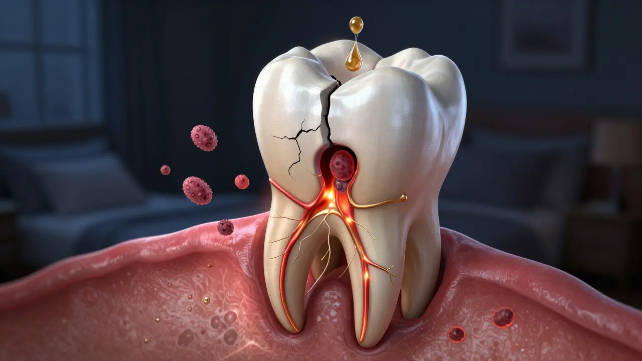 Zvětšený zub s infekcí a pulzujícími žilami, symbolizující zubní absces v noci.