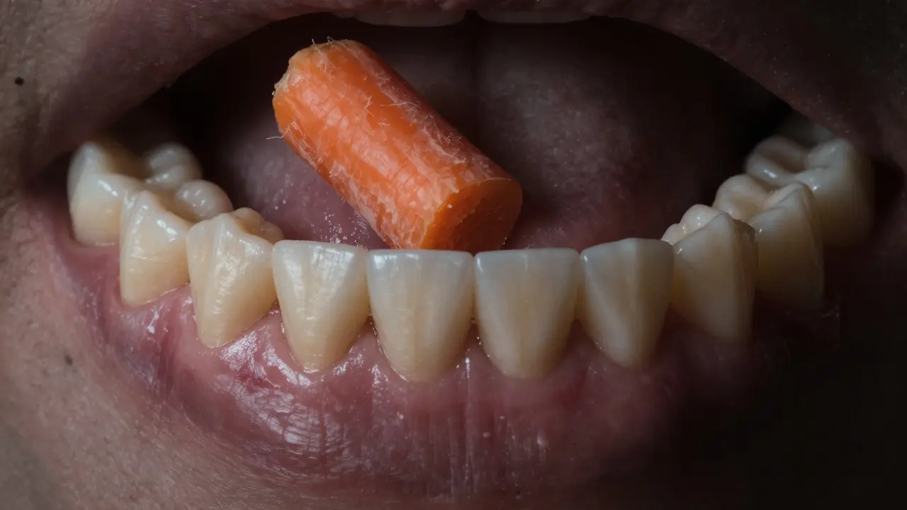 Chybějící molár v čelisti s opotřebovanými sousedními zuby a nezpracovanou mrkví.