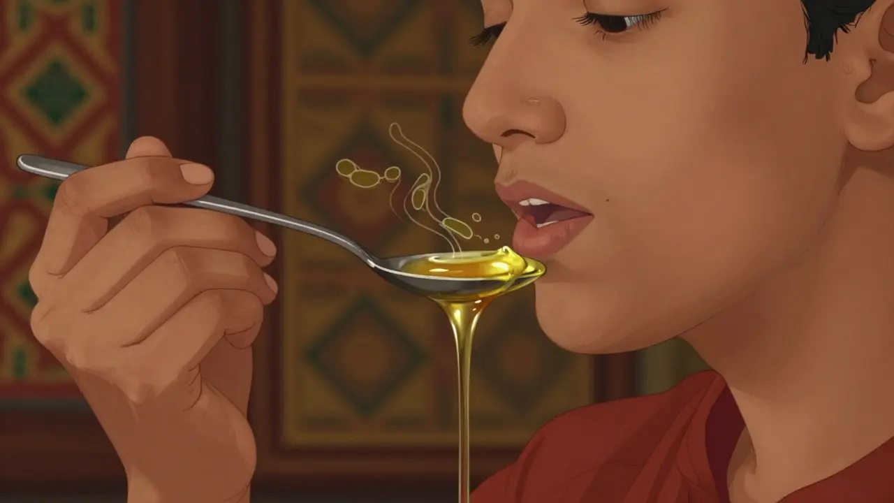 Člověk provádí olejové čištění úst s kokosovým olejem, v ústech zlatavá tekutina.