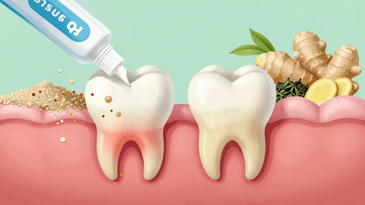 Dělený obrázek: agresivní pasta poškozuje dásně vs. jemná pasta chrání.