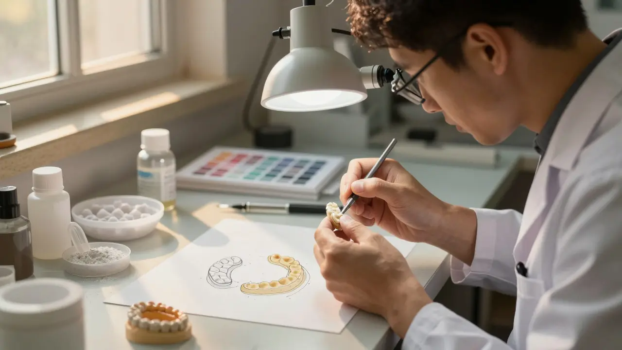 Dental technician handcrafting a ceramic crown with precision tools in a lab.