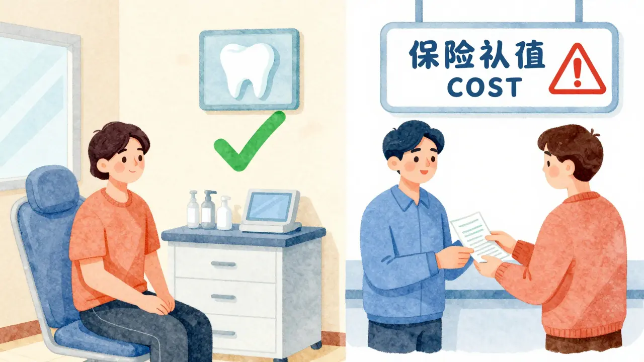 Dvě scény: pojištěný pacient v denní době a nezaregistrovaný s účtem, symbolizující rozdíl v nákladech.