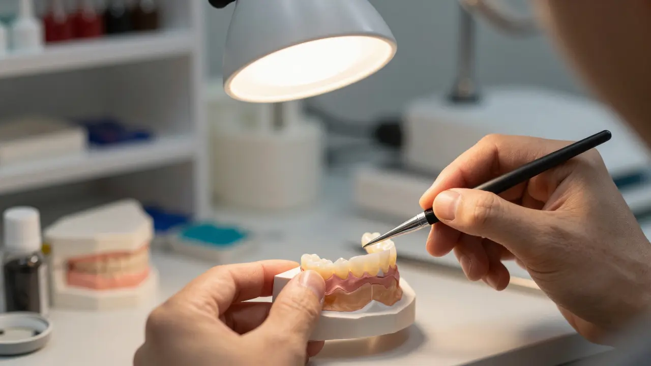 Keramické fazety v zubní laboratoři na modelu zubů.