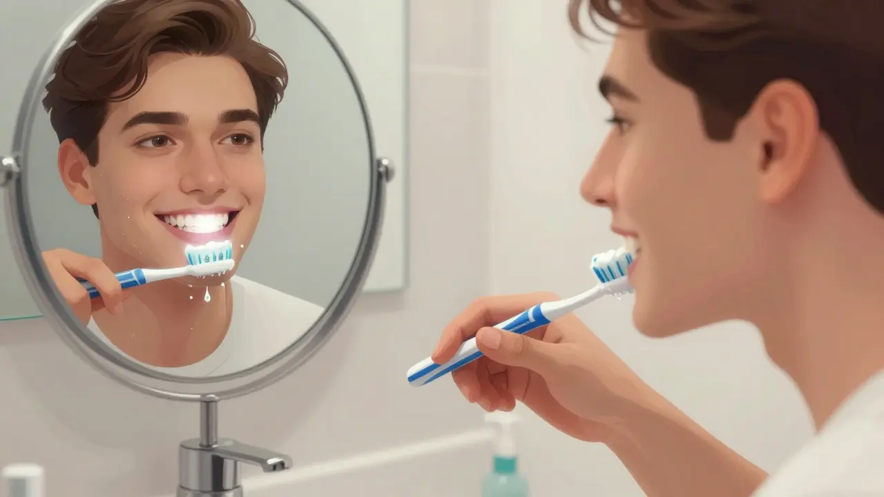 Muž čistí zuby speciálním kartáčkem, viditelné keramické zámečky na zubech v zrcadle.