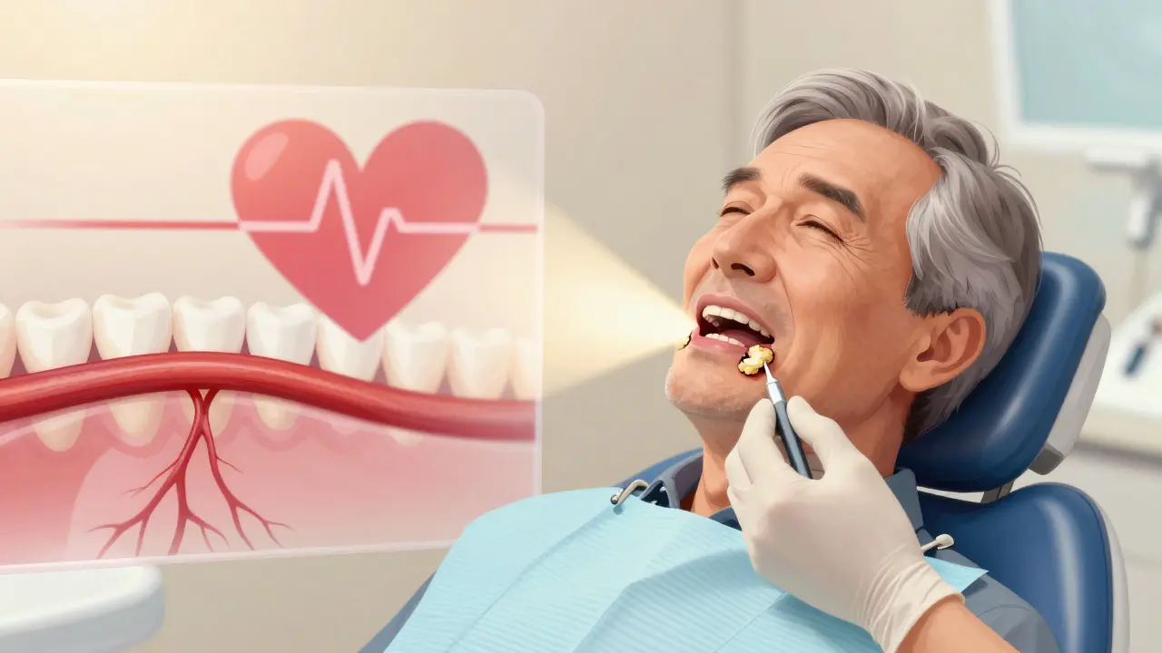 Muž v zubní klinice získává úlevu po léčbě zánětu dásní.