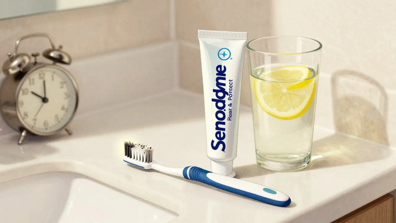 Na koupelnové police stojí měkký kartáček a pastu pro citlivé zuby vedle sklenice s citronovou vodou.