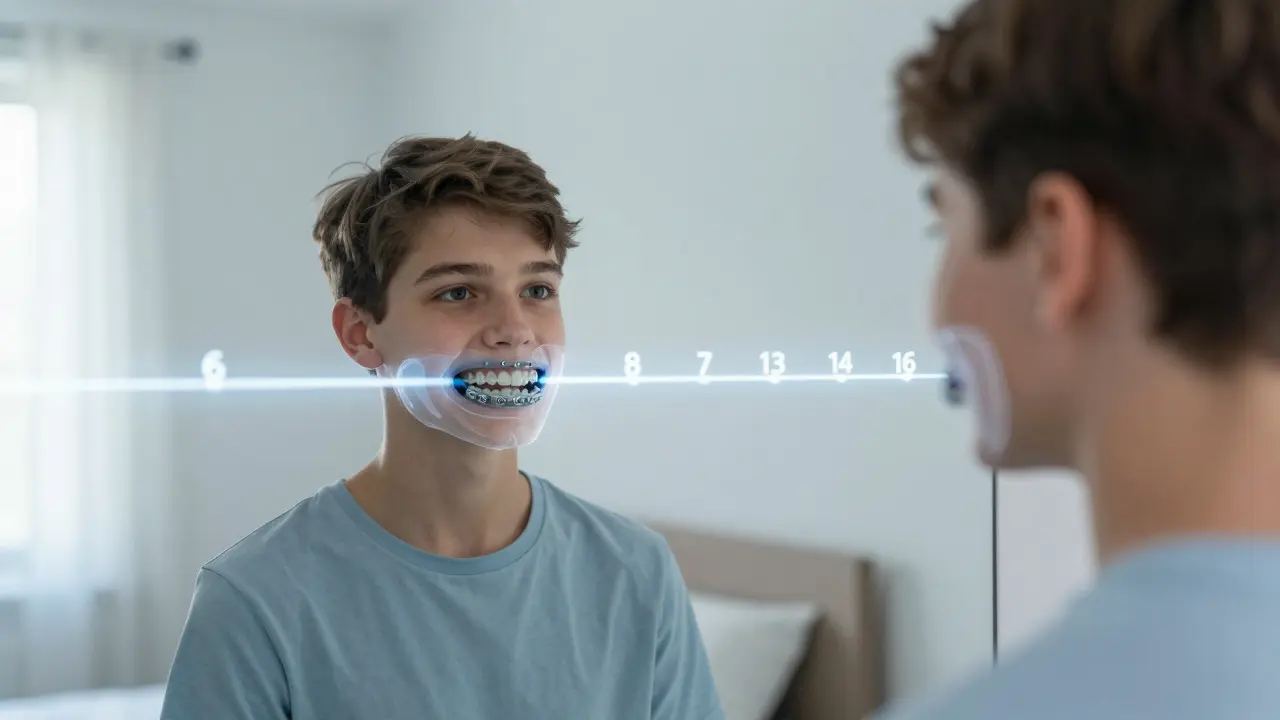 Nepřímo osvětlený teenager s ortodontickým zařízením, který se dívá do zrcadla s časovou osou růstu čelisti.
