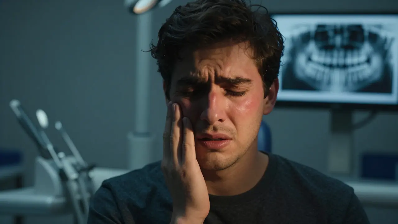 Osoba držící bolestivou tvář s otokem, v pozadí zubařská ordinace a rentgen.