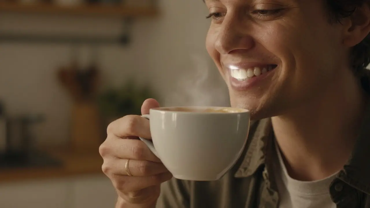 Osoba se širokým úsměvem pije kávu bez bolesti, s jemným zářivým efektem kolem zubů.