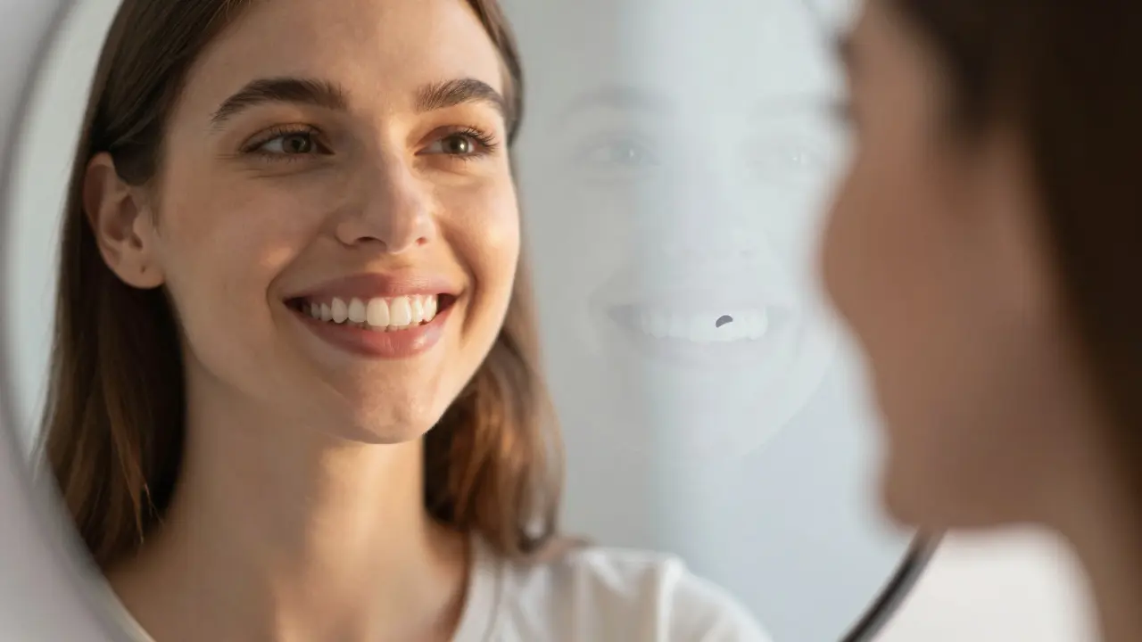 Person smiling in mirror as faded outline of old teeth disappears behind them.