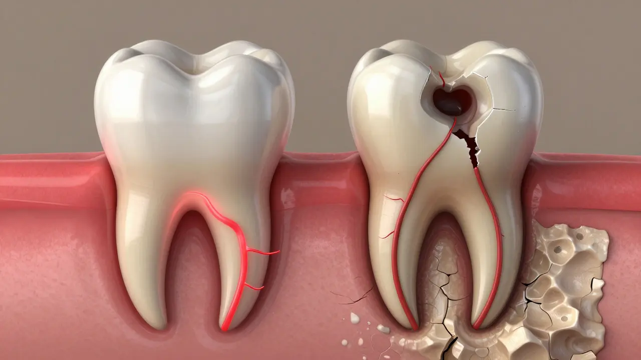 Porovnání zdravého a mrtvého zubu s viditelnými cévami a destrukcí kosti.