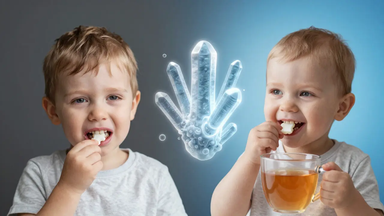 Před a po: dítě s zubním kamenem a pak se zdravými zuby.