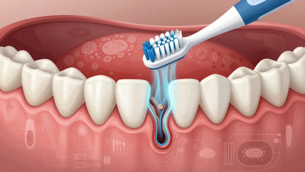 Přehledový náčrt zánětlivých dásní s bakteriemi a hydrodynamickým proudem od sonického kartáčku.