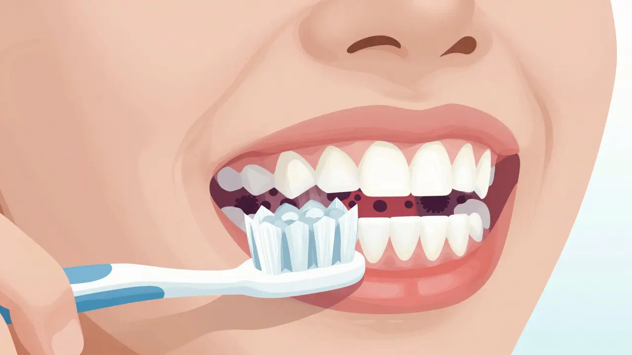 Průhledný náčrt ukazující bakterie v mezizubních prostorech, kde kartáček nedosáhne.