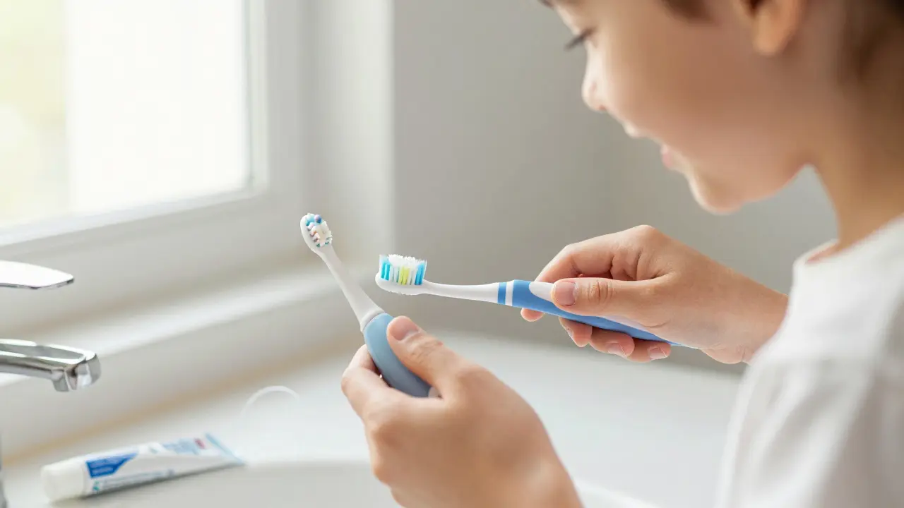 Rodič pomáhá dítěti čistit zuby sonickým kartáčkem.