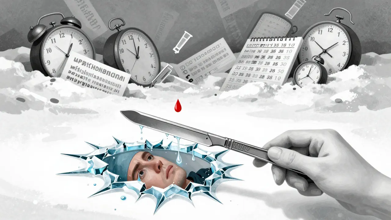 Roztékající se ledový nástroj odrazuje tvář pacienta, symbolizující vyhoření a lidskou cenu práce.