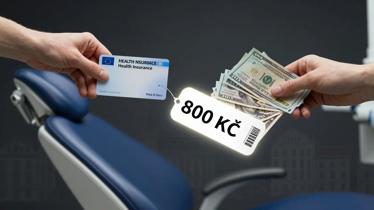 Ruce s pojistkou a hotovostí nad zubní křeslem, nad nimi se vynořuje poplatek 800 Kč.