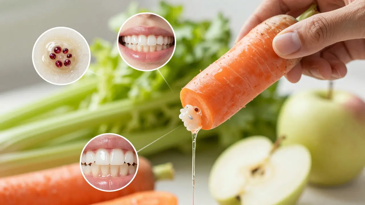 Ruka drží mrkev, kterou člověk žvýká, symbolizující přirozené čištění zubů.