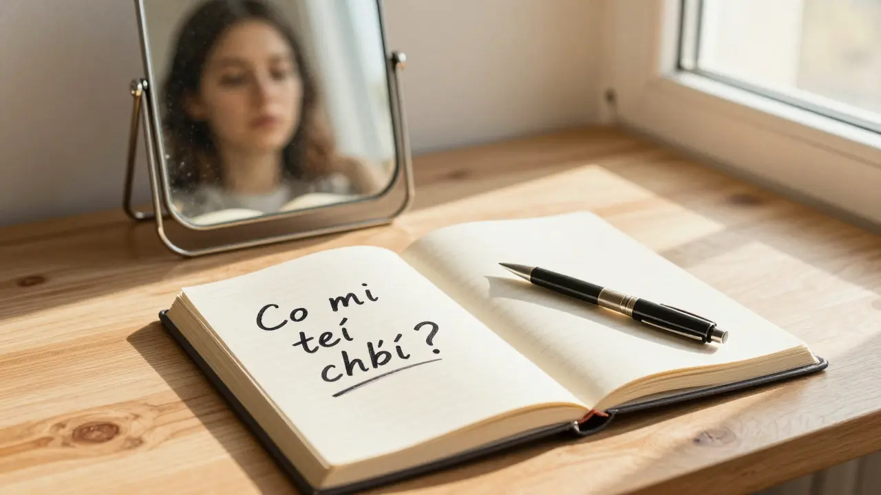 Sešit s rukopisnou otázkou 'Co mi teď chybí?' a zrcadlo odrazující klidnou tvář.