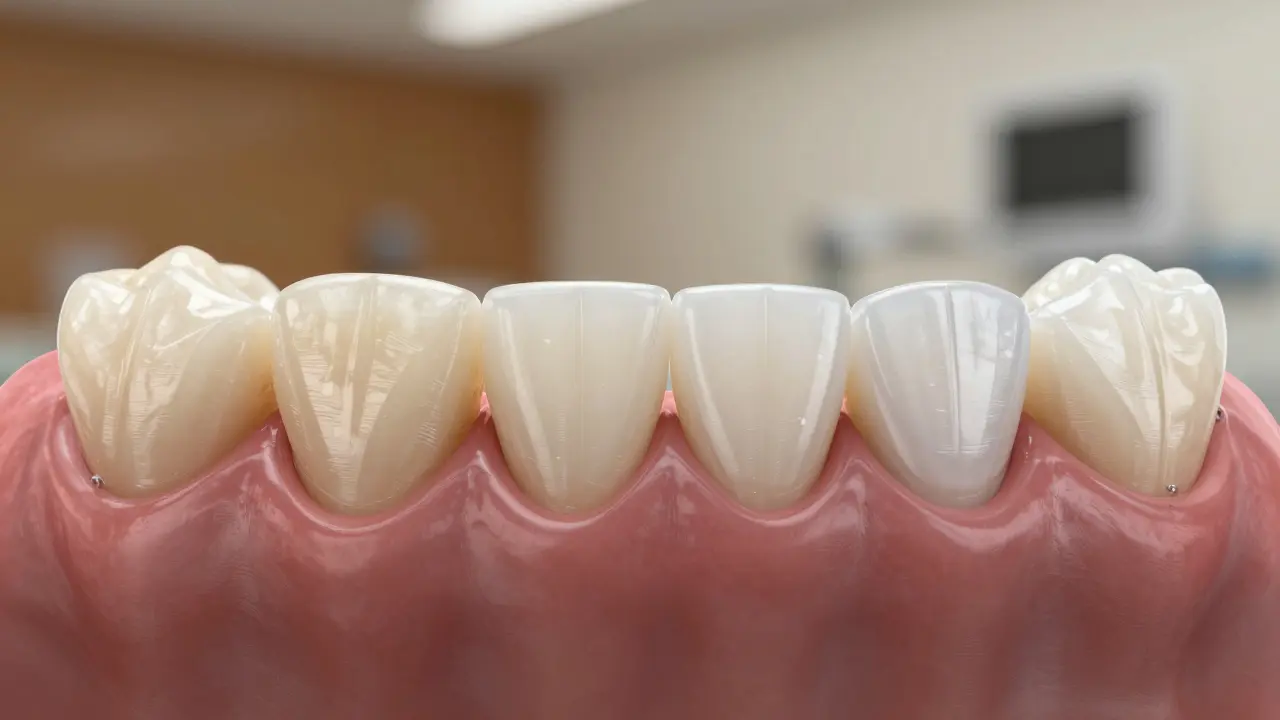 Side-by-side comparison of a natural tooth and one with a porcelain veneer.