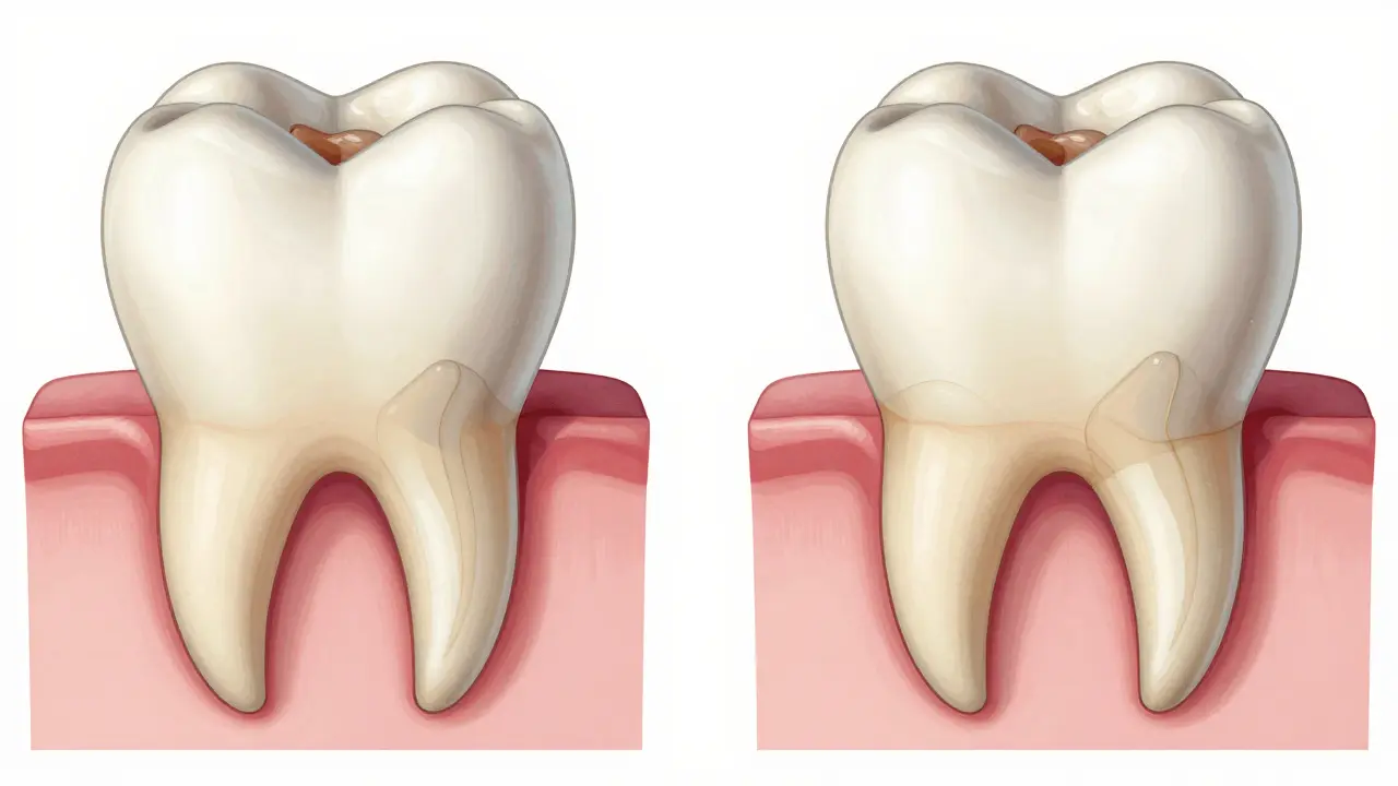 Srovnání vývoje mléčného a trvalého zubu v čelisti dítěte.