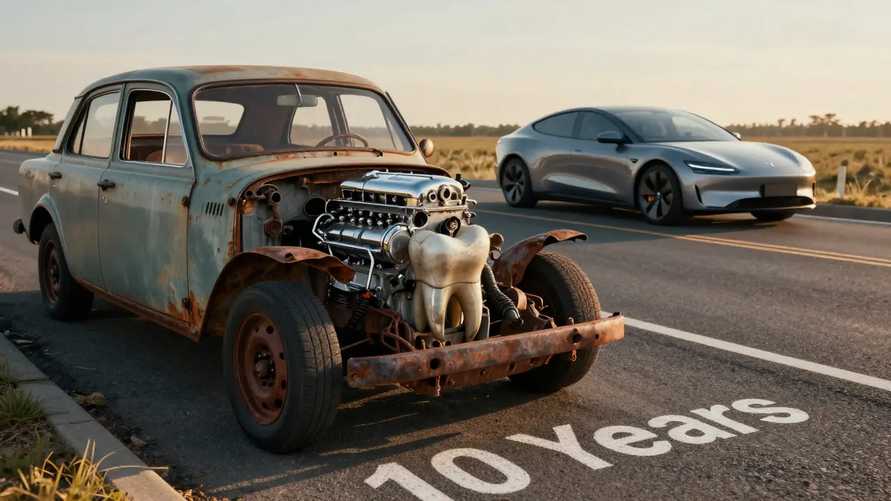 Staré auto s novým motorem vs. moderní elektromobil – symbolika zubu bez nervů a implantátu.
