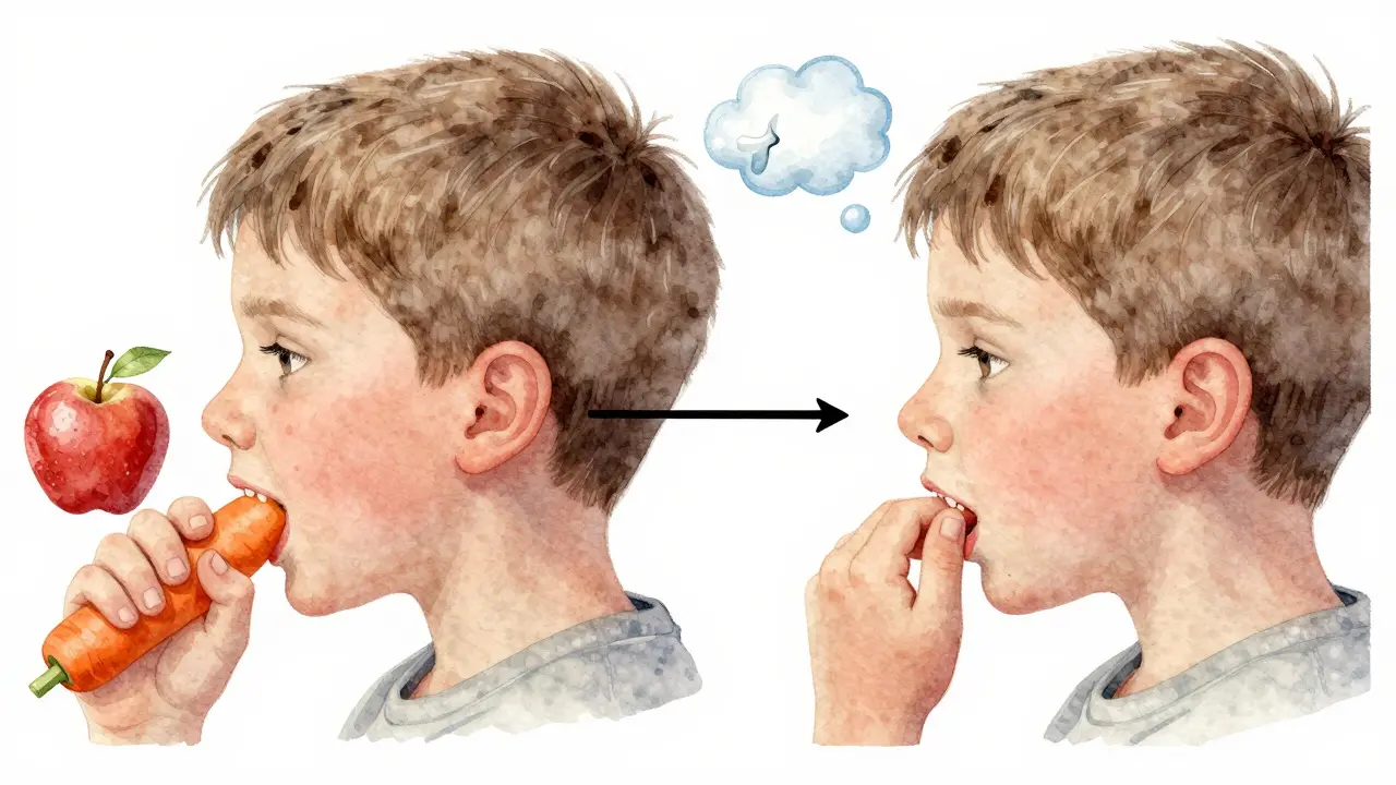Stranový pohled na dítě s porovnáním zdravého a nezdravého růstu čelisti kvůli dýchání ústy a špatným návykům.