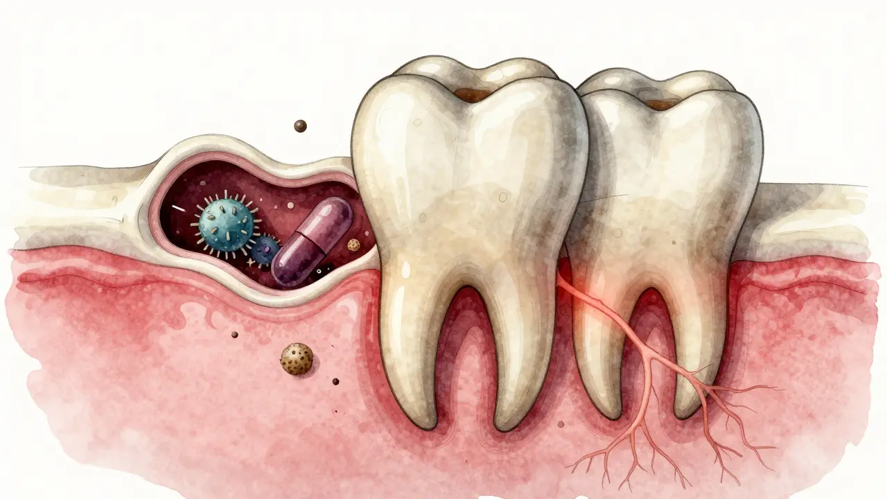 Symbolický obrázek zubu moudrosti, který se snaží vyrůst skrz infikované dásně s bakteriemi.