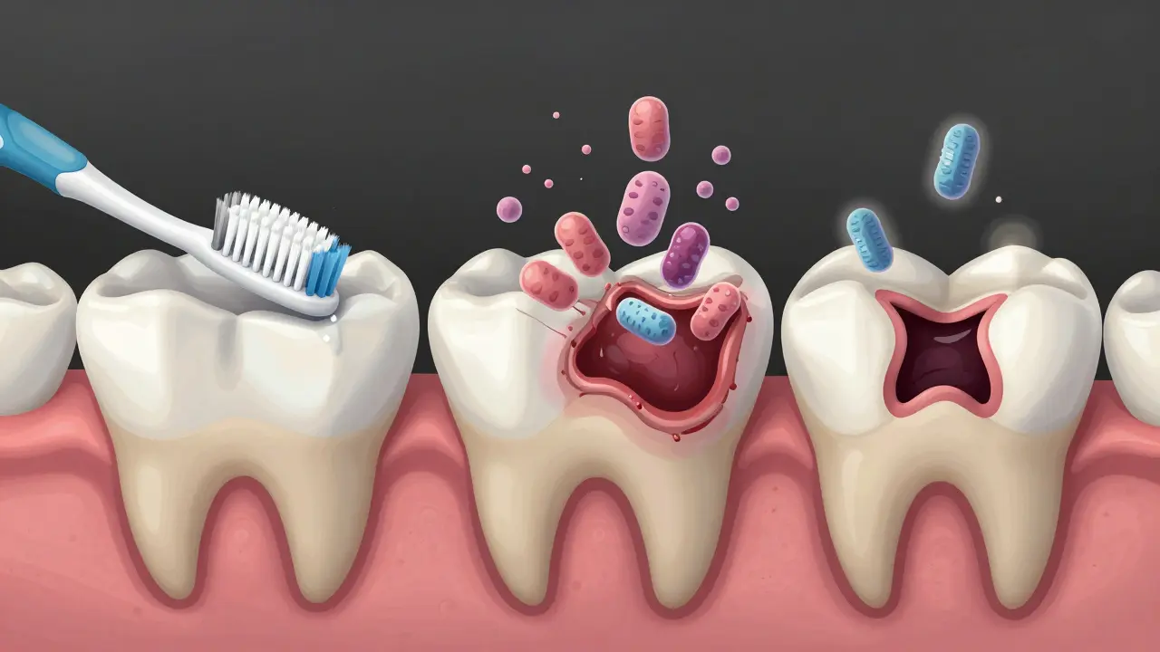 Vývoj kazu na zubu: od zdravé skloviny až po poškození dentinu.