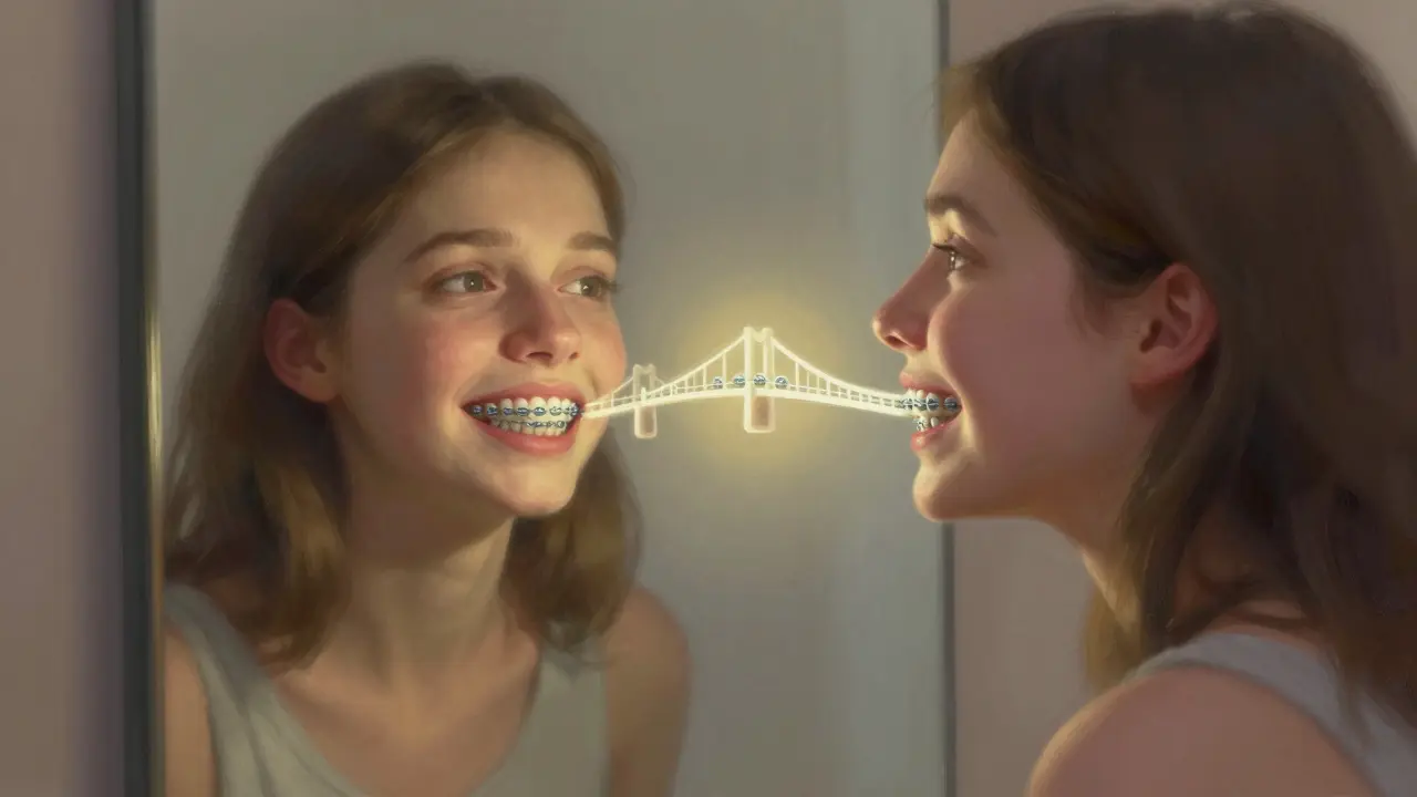 Zrcadlo odhaluje dvě verze úsměvu: starou s křivými zuby a novou s rovnými a keramickými rovnátky.