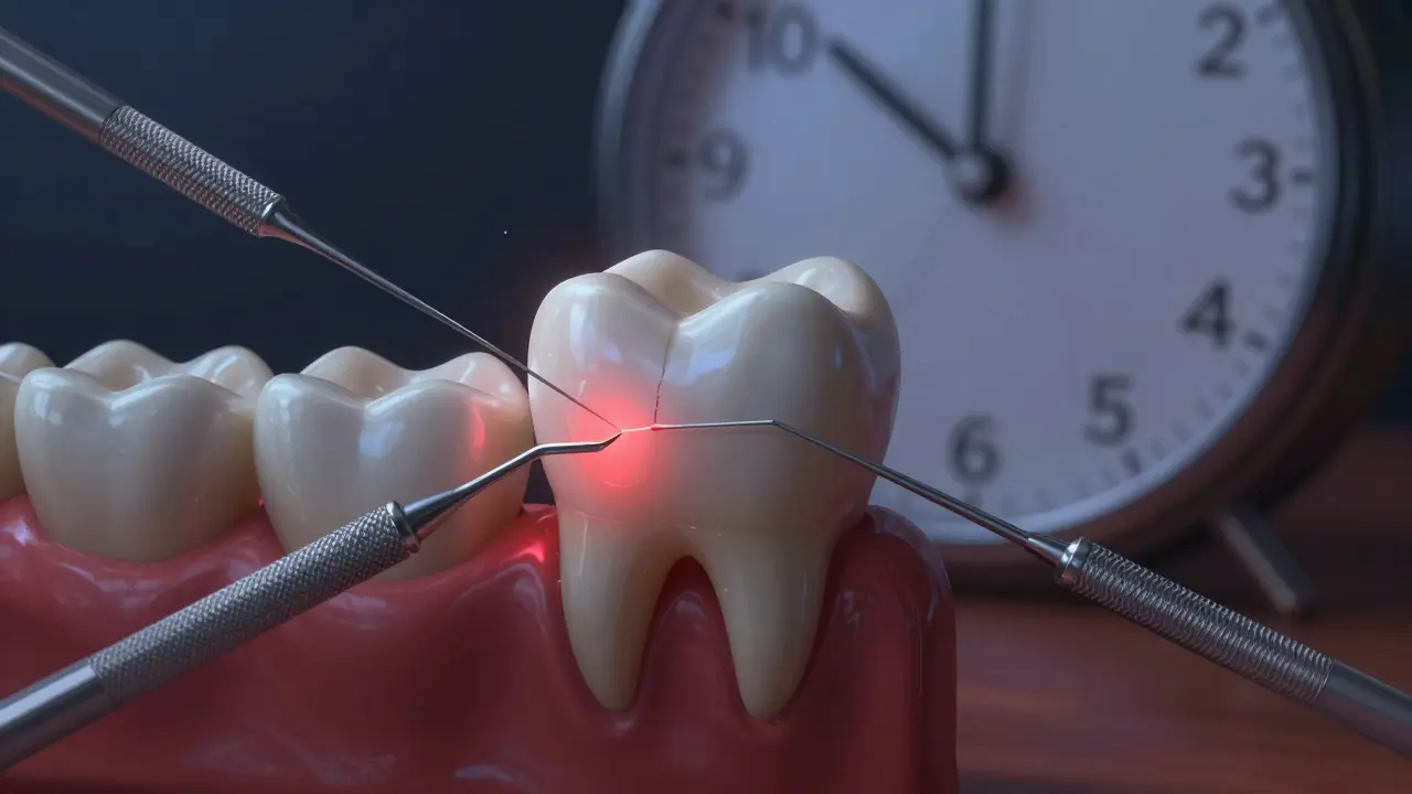 Zub s počátečním kazem a nástroje pro prevenci, symbolizující čas a opatrnost.