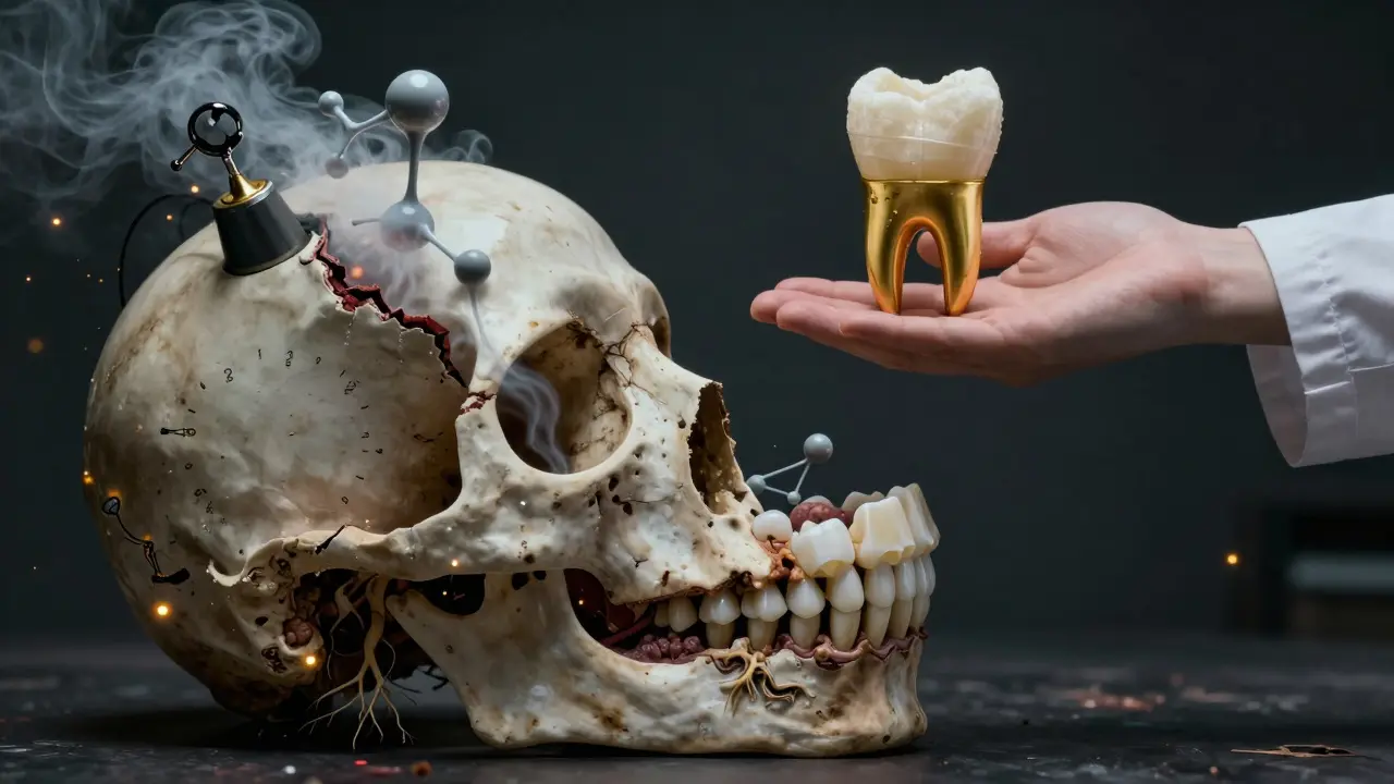 Zubní čelist se mění v časovou bombu s toxickými látkami, zatímco bezpečná protéza visí jako záchrana.