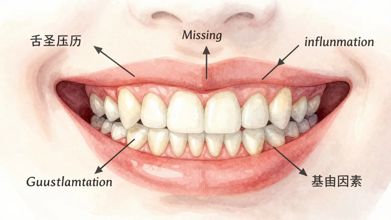 Anatomický náčrt čelisti s vysvětlením příčin mezery mezi zuby: jazyk, ztráta zubu, zánět dásní a dědičnost.