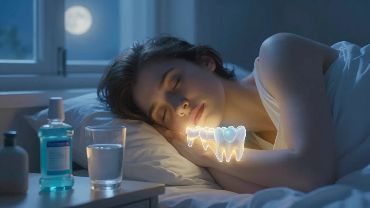 Člověk spí v noci, zatímco fluoridové ionty pronikají do zubní skloviny, symbolizující ochranu během spánku.