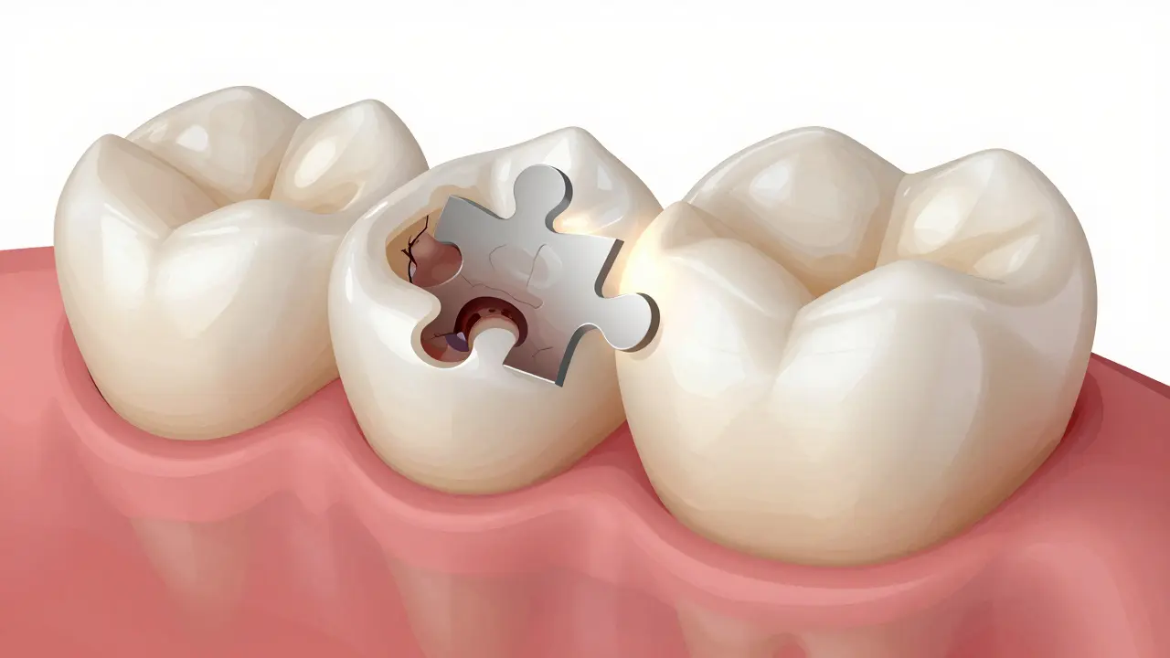 Comparison of crumbling traditional filling with perfectly fitted ceramic inlay in tooth.