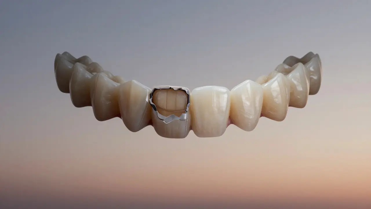 Contrasting side of a smile: damaged filling vs. natural-looking ceramic inlay.