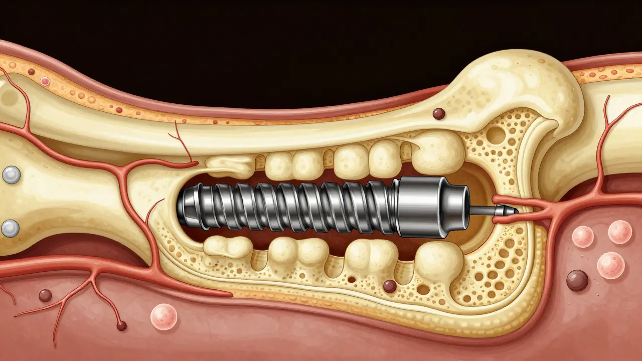 Cross-section of jawbone showing titanium implant fused with bone tissue through osteointegration.