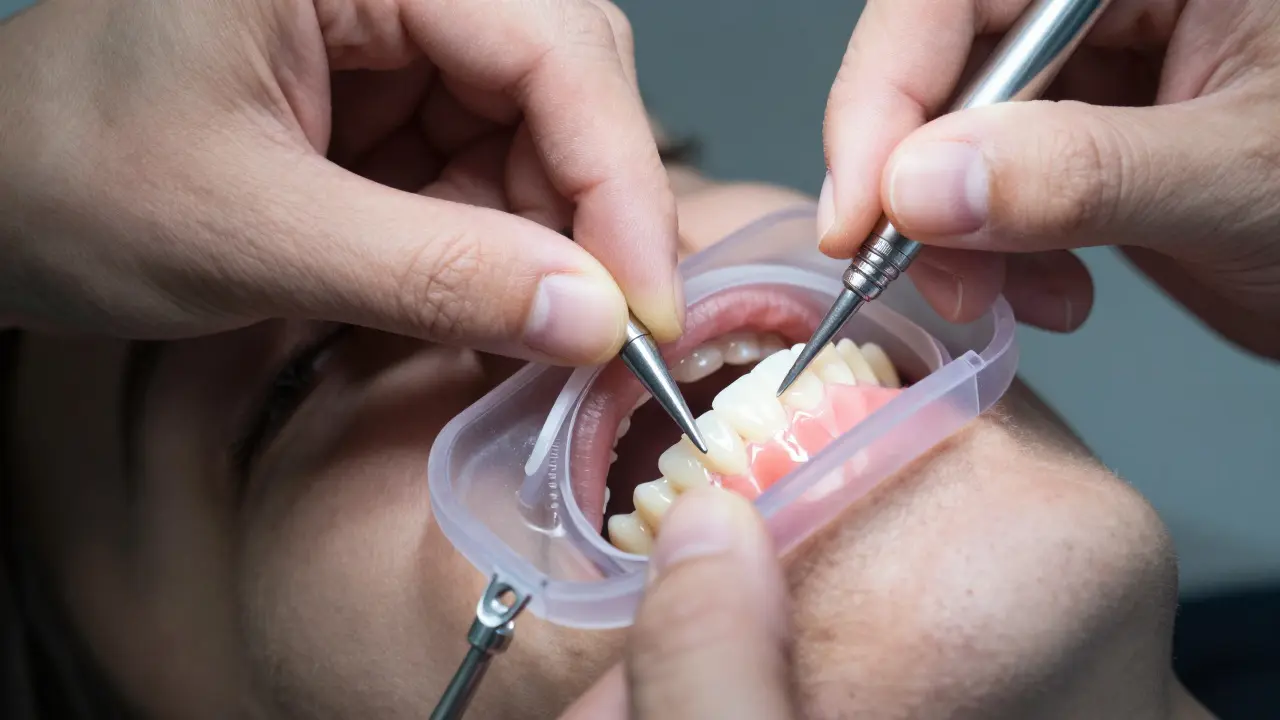 Dentista bere zubní otisky pacientovi v klinice.
