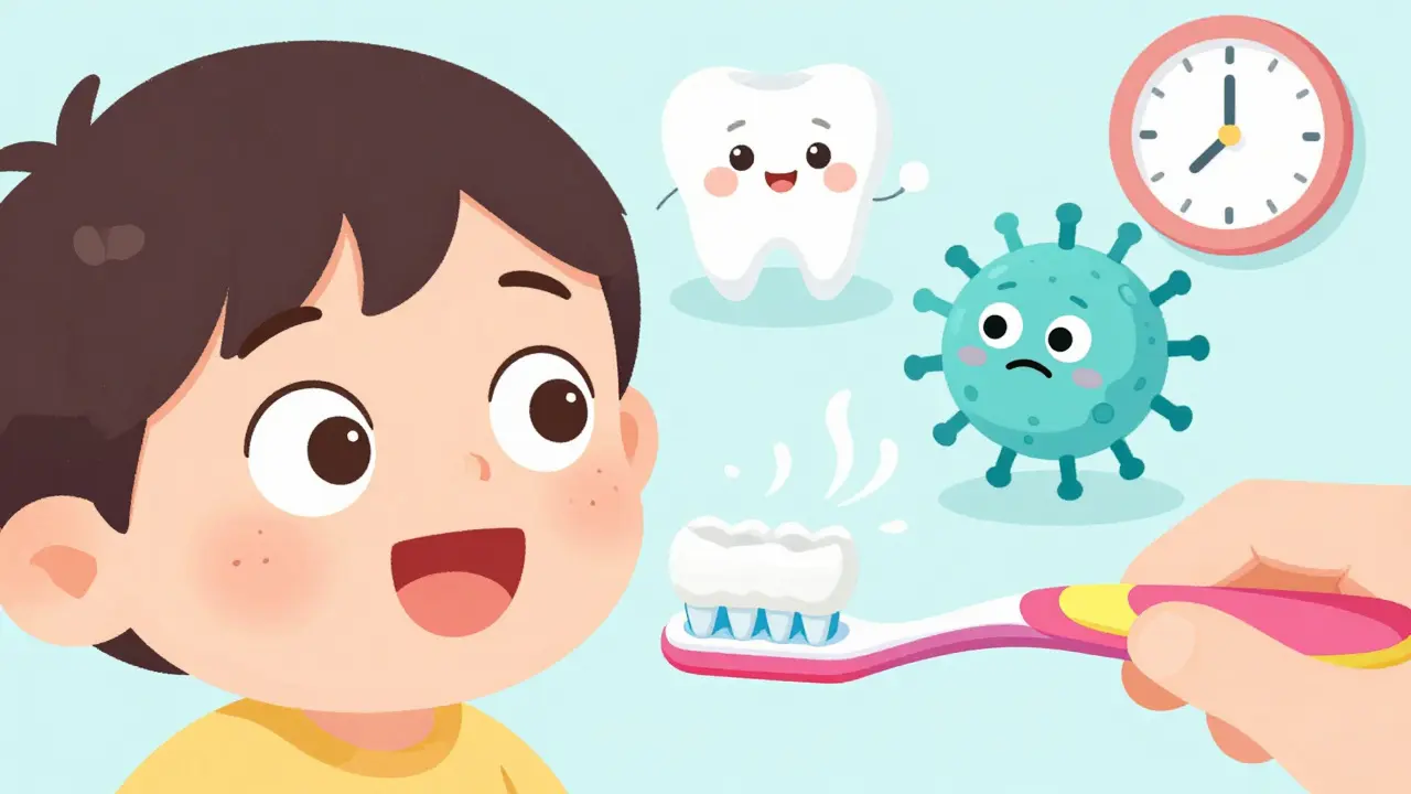 Dítě pozoruje, jak barevný mezizubní kartáček odstraňuje kariózní bakterie mezi zuby.