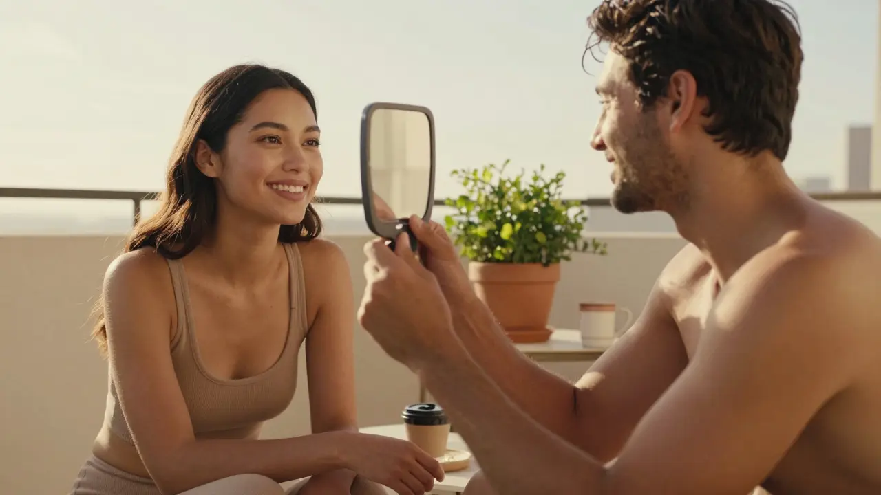 Dva lidé se usmívají do zrcátka na slunném balkoně s přirozeně zářící kůží.