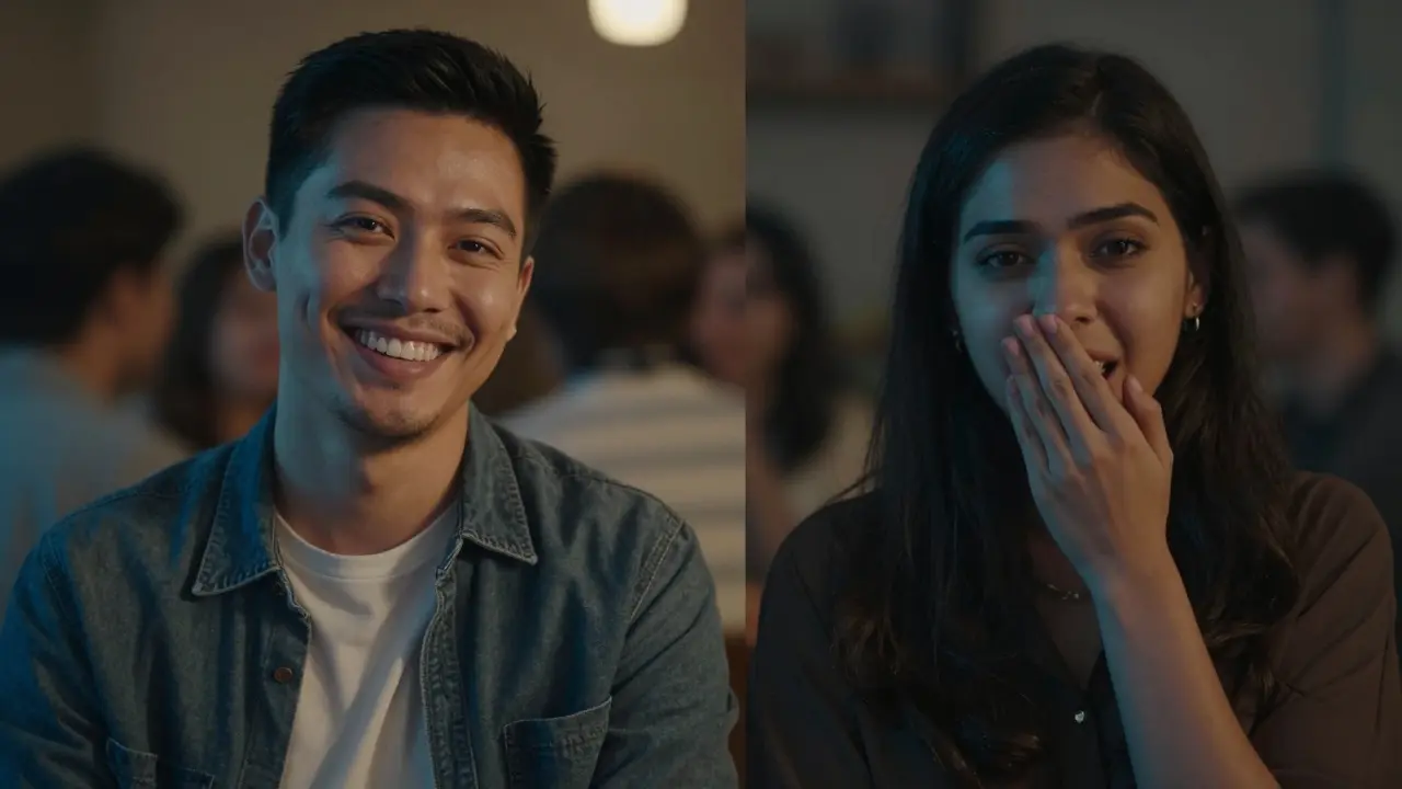 Dva lidé v sociální situaci: jeden se směje s rovnými zuby, druhý skrývá ústa z důvodu špatného postavení zubů.