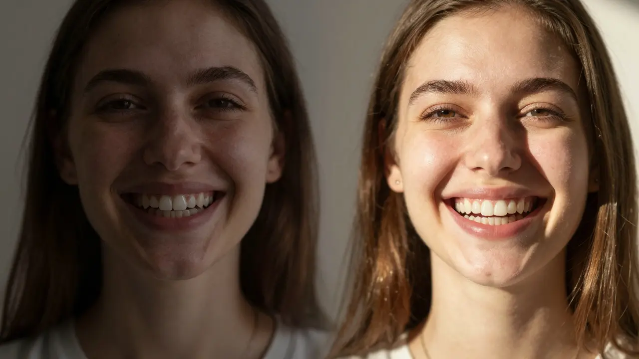 Dvě strany jedné osoby: jedna strana se skrývá, druhá směje — změna po ortodontické léčbě, symbolizující sebevědomí.