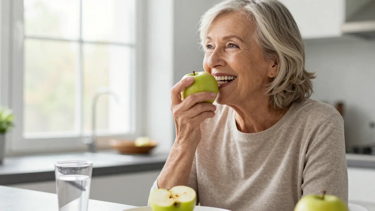 Elderly woman smiling while eating an apple with natural-looking dental implant.