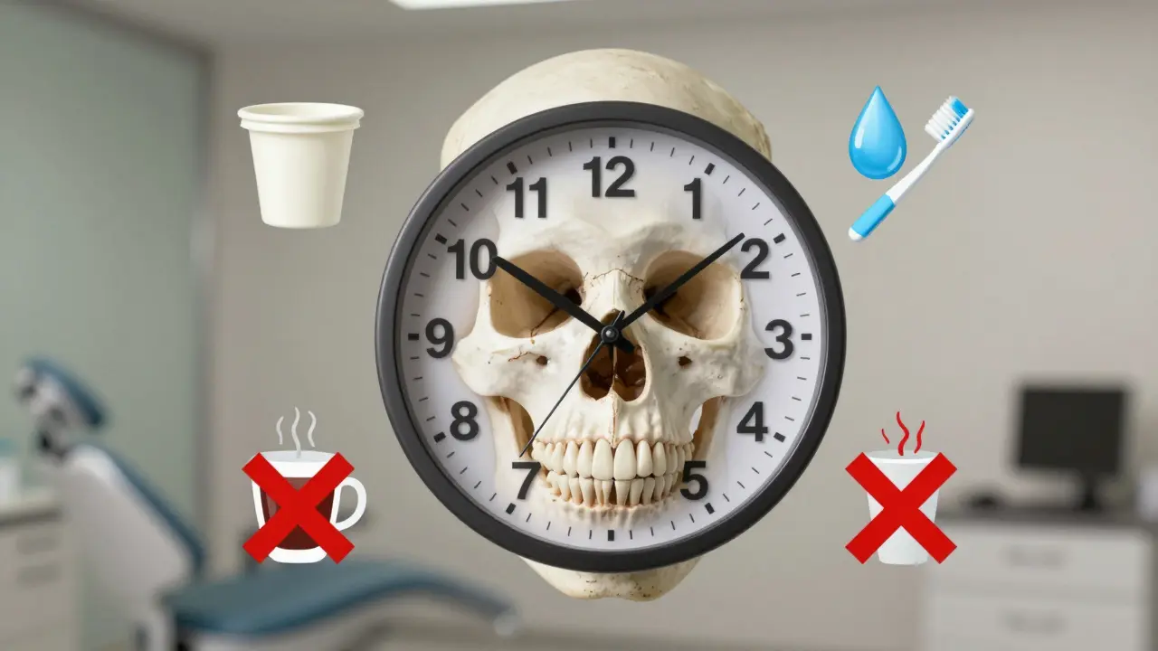 Hodiny ukazují 4 hodiny čekání po kyretáži, s ikonami bezpečných a nebezpečných potravin.