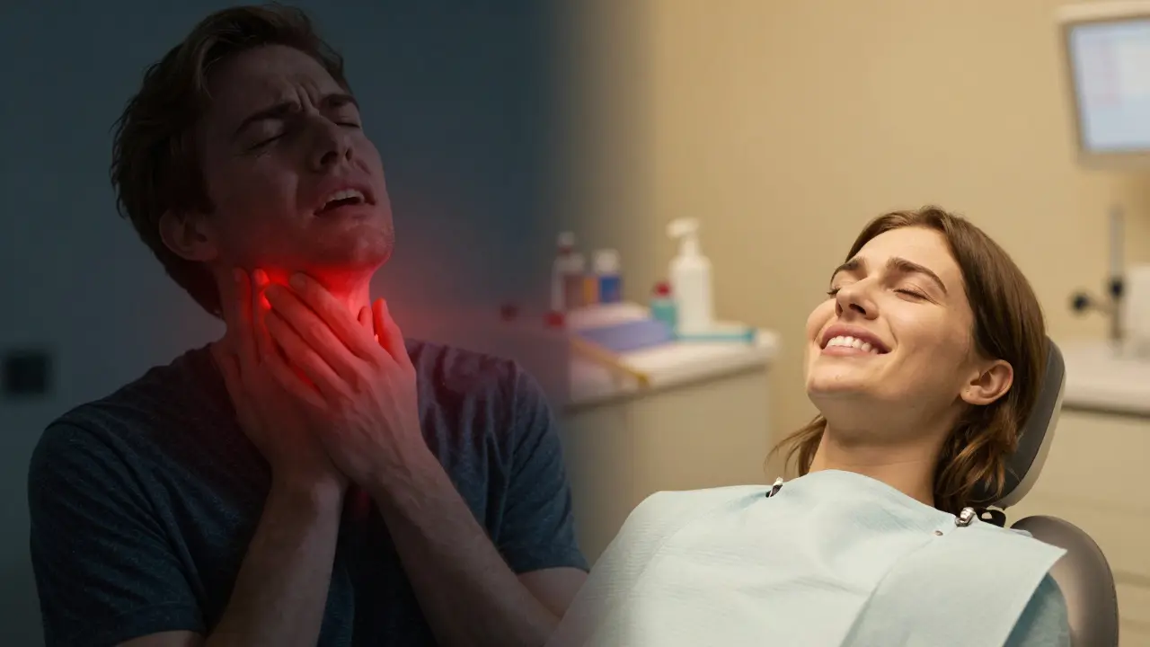 Kontrast mezi bolestí zubu a úlevou po nouzové léčbě v zubní pohotovosti.