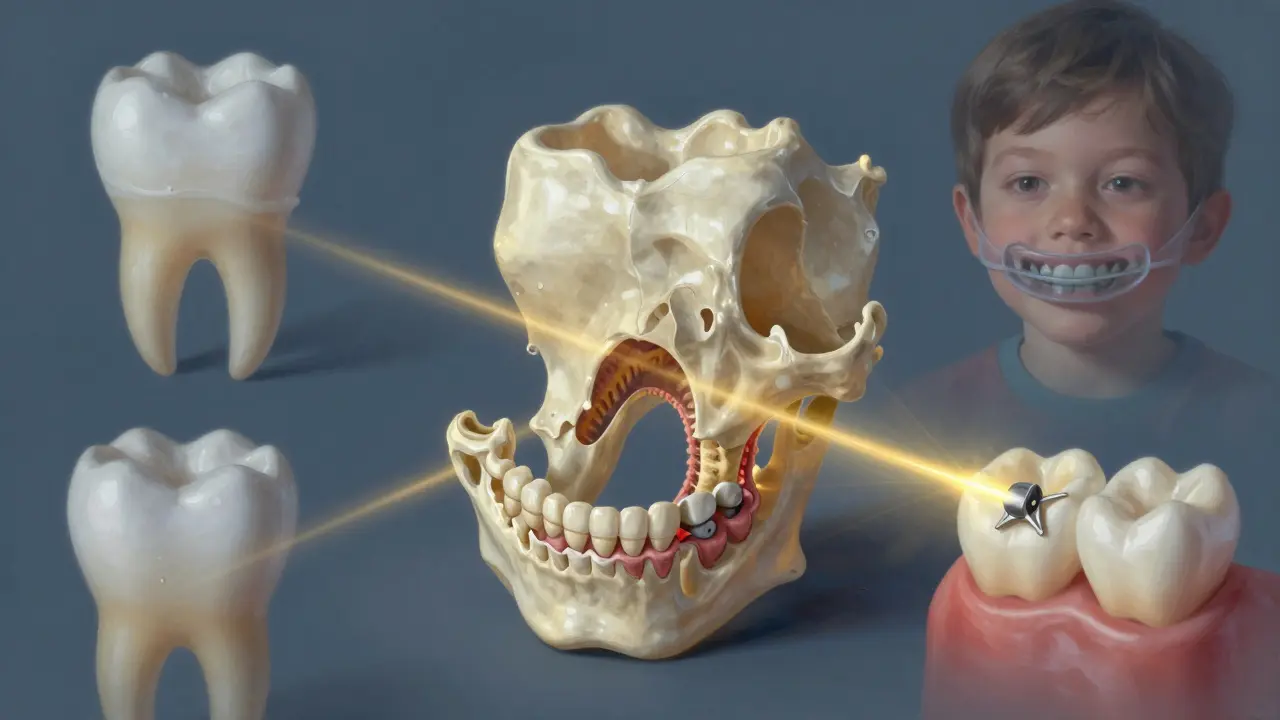 Kostní tkáň v čelisti se obnovuje, zatímco se objevují symboly prevence ztráty zubu.