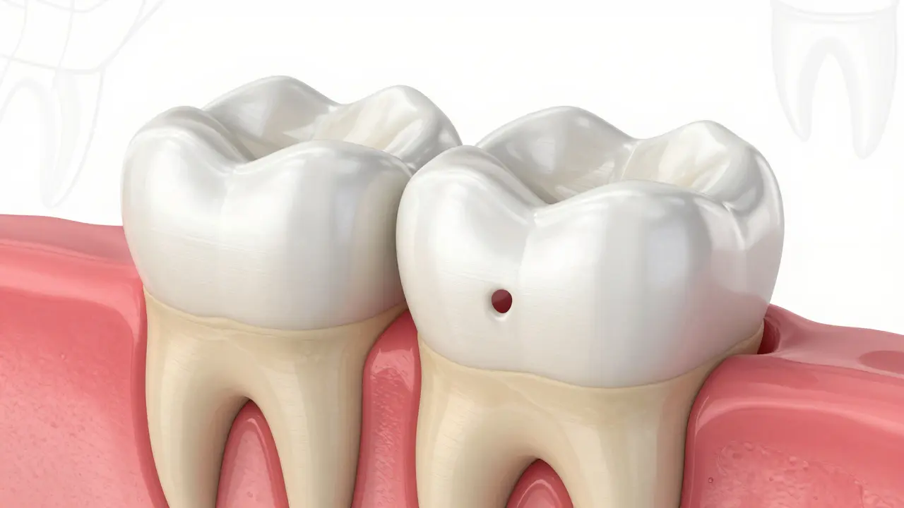 Křížový řez zubu s tenkou keramickou fazetou přilepenou na odbroušené skloviny, viditelné lepidlo.