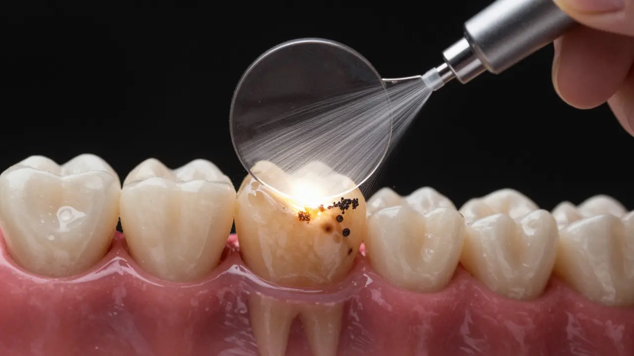 Magnified view of tooth surface being cleaned by fine particles and water.