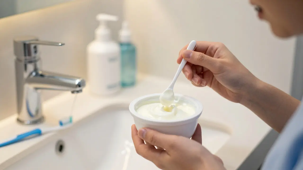 Osoba jí jogurt s keramickými rovnátky