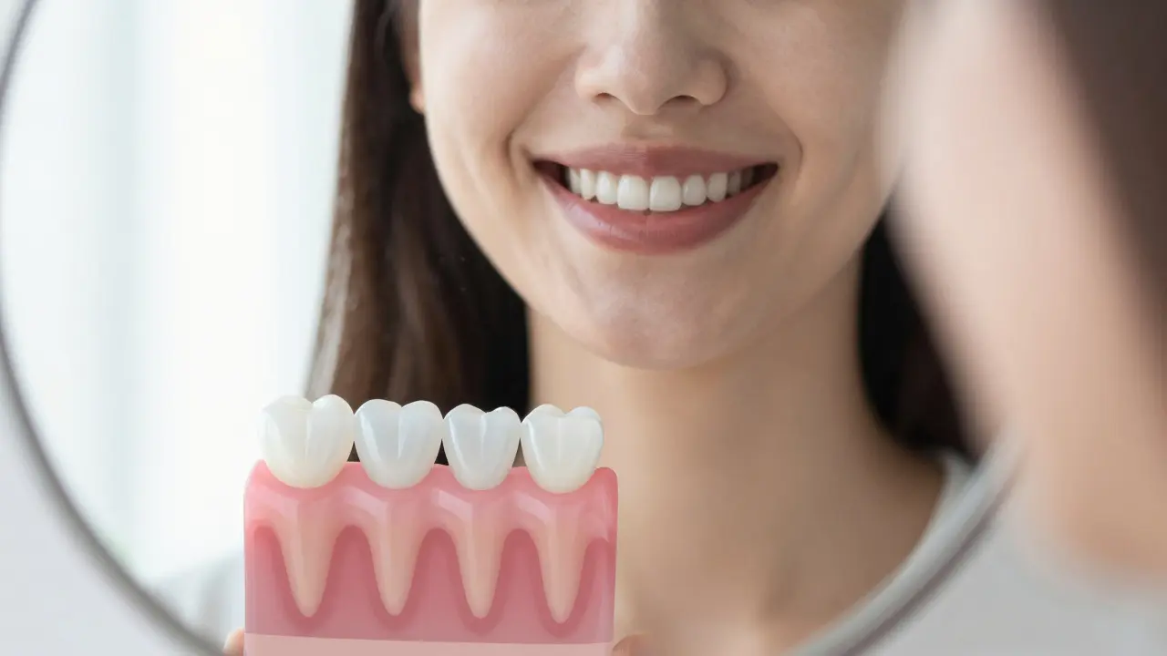 Person smiling in mirror showing natural-looking ceramic veneers on front teeth.